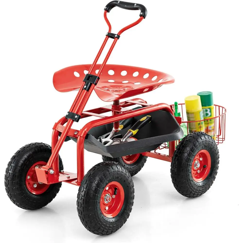 Gardening Tools Basket - Döner Koltuklu, Tekerlekli Tabureli, Alet Tepsili
